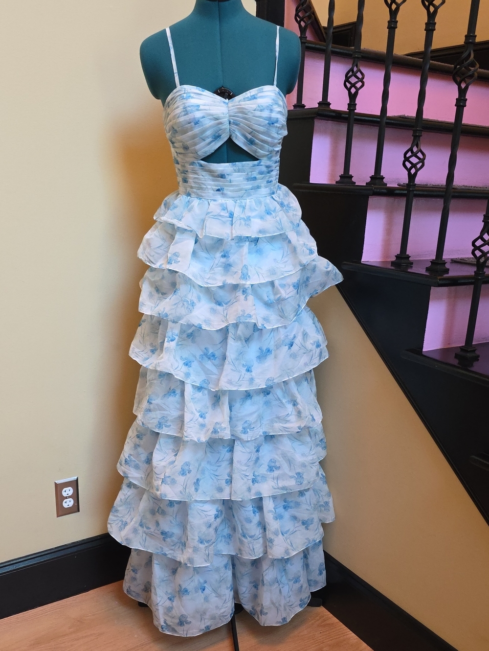 NWOT Blue Floral Tiered Ruffle Maxi/Formal Dress